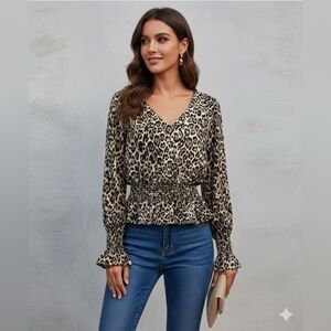 Shinestar Juniors Tan Long Sleeve Sheer Peplum Animal Print Smock Blouse Size XL